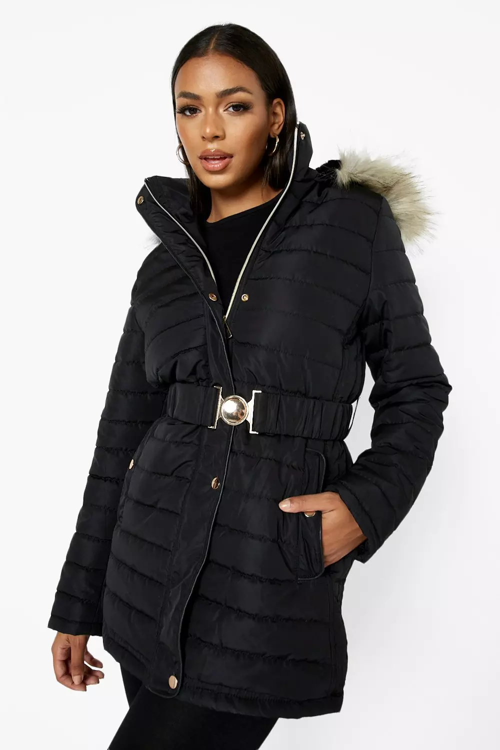 Black faux fur 2025 hooded belted puffer coat