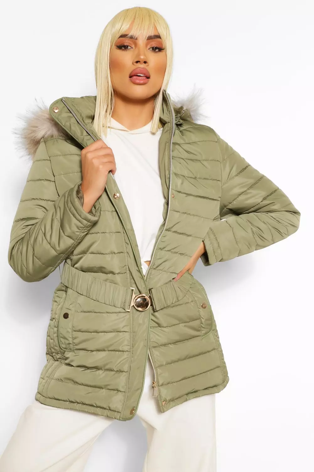 Belted coat with outlet faux fur trim hood