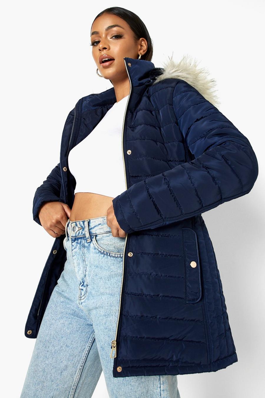 Navy Faux Fur Trim Hooded Belted Puffer Coat image number 1