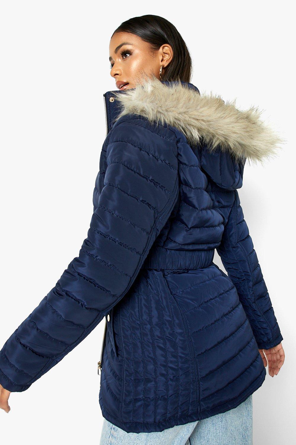 Puffer coat with discount belt and fur hood