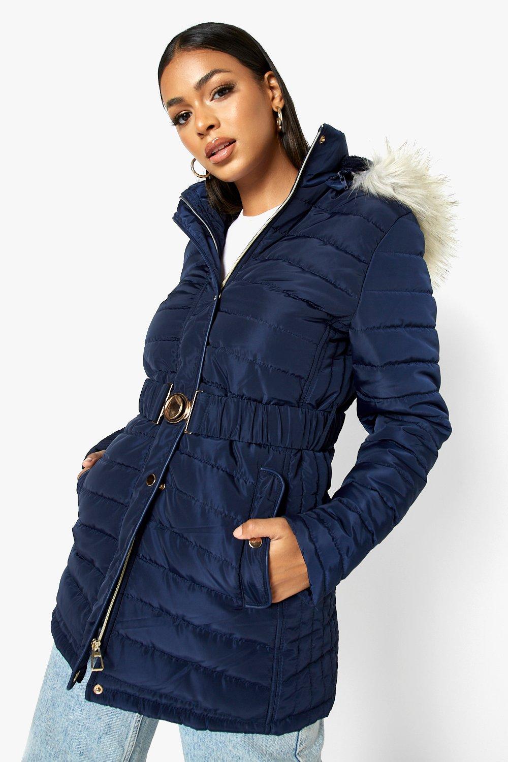 Women's Belted Faux-Fur-Trim Hooded Coat