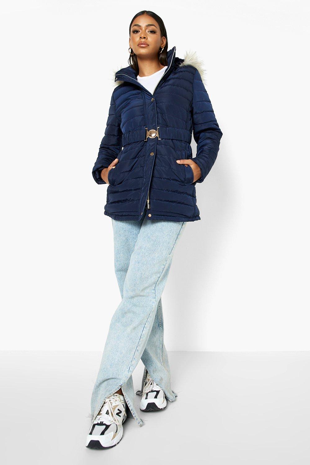 Faux Fur Trim Hooded Belted Puffer Coat