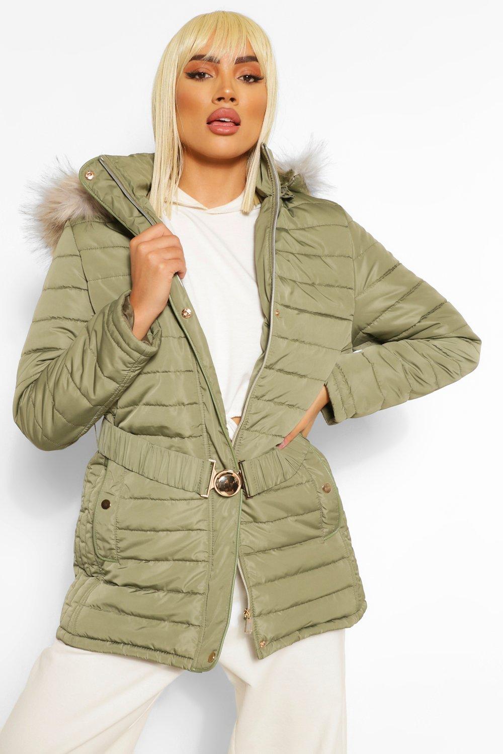 Navy Faux Fur Hood Belted Puffer Coat