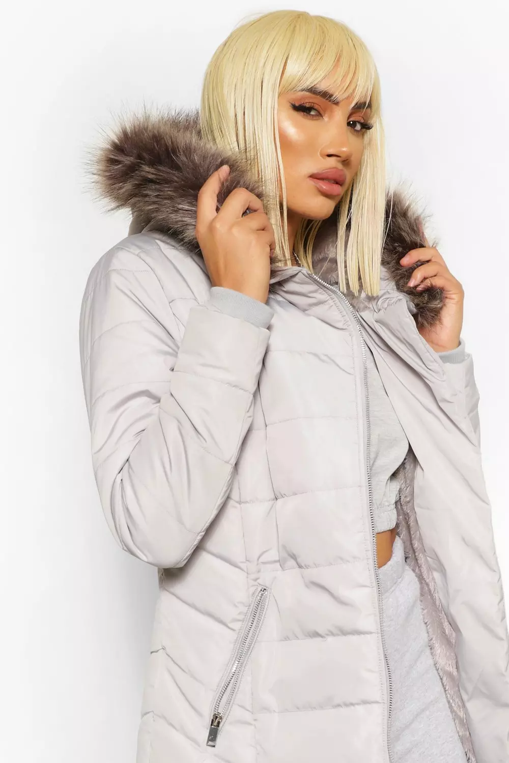 Faux Fur Trim Hooded Zip Detail Puffer Coat