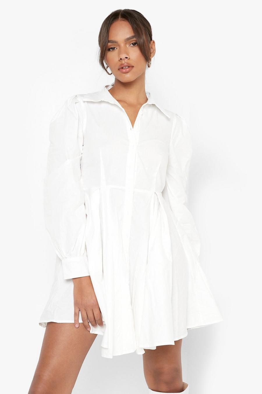 White weiß Cotton Balloon Sleeve Pleat Detail Shirt Dress