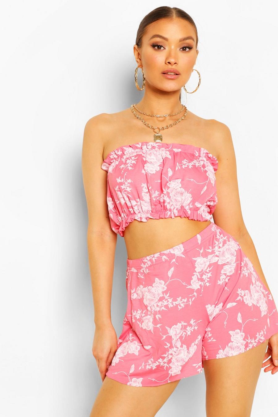 Coral Floral Print Frill Off The Shoulder Top & Shorts Two-Piece Set image number 1