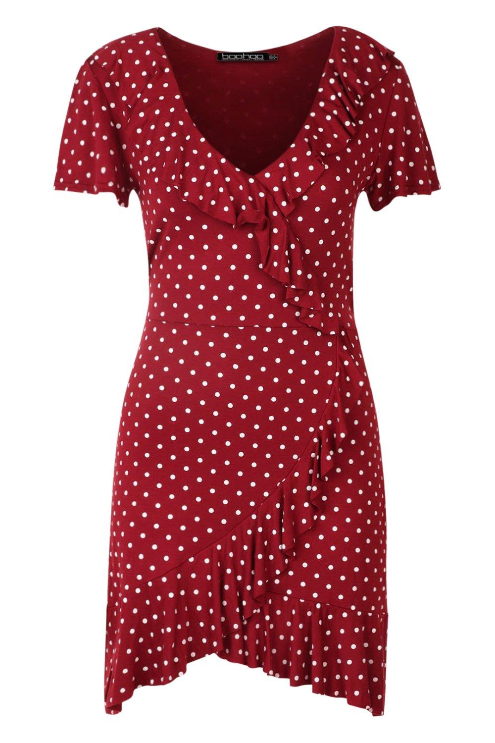 red and white polka dot wrap dress