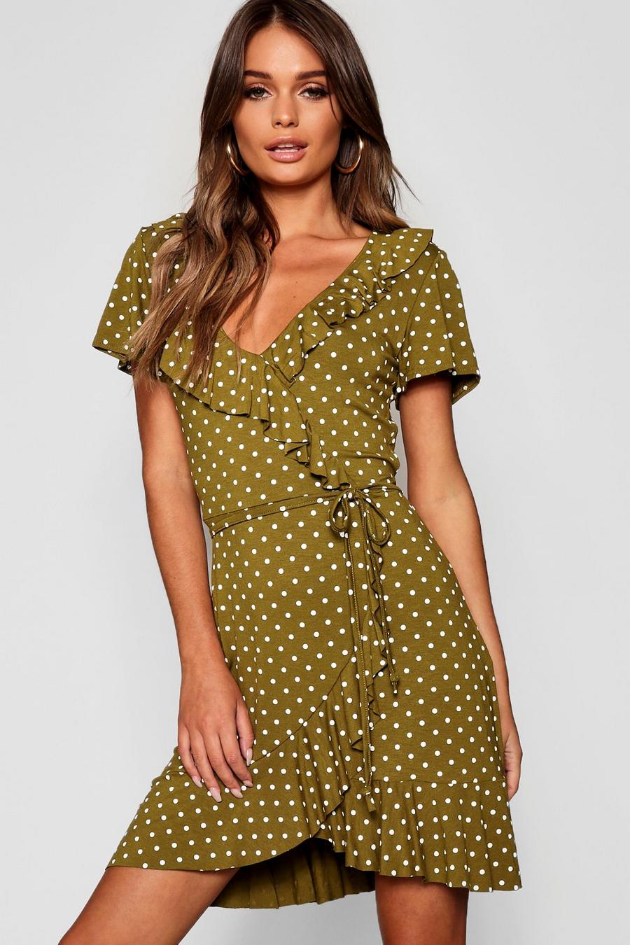 Olive Polka Dot Wrap Front Ruffle Tea Dress image number 1