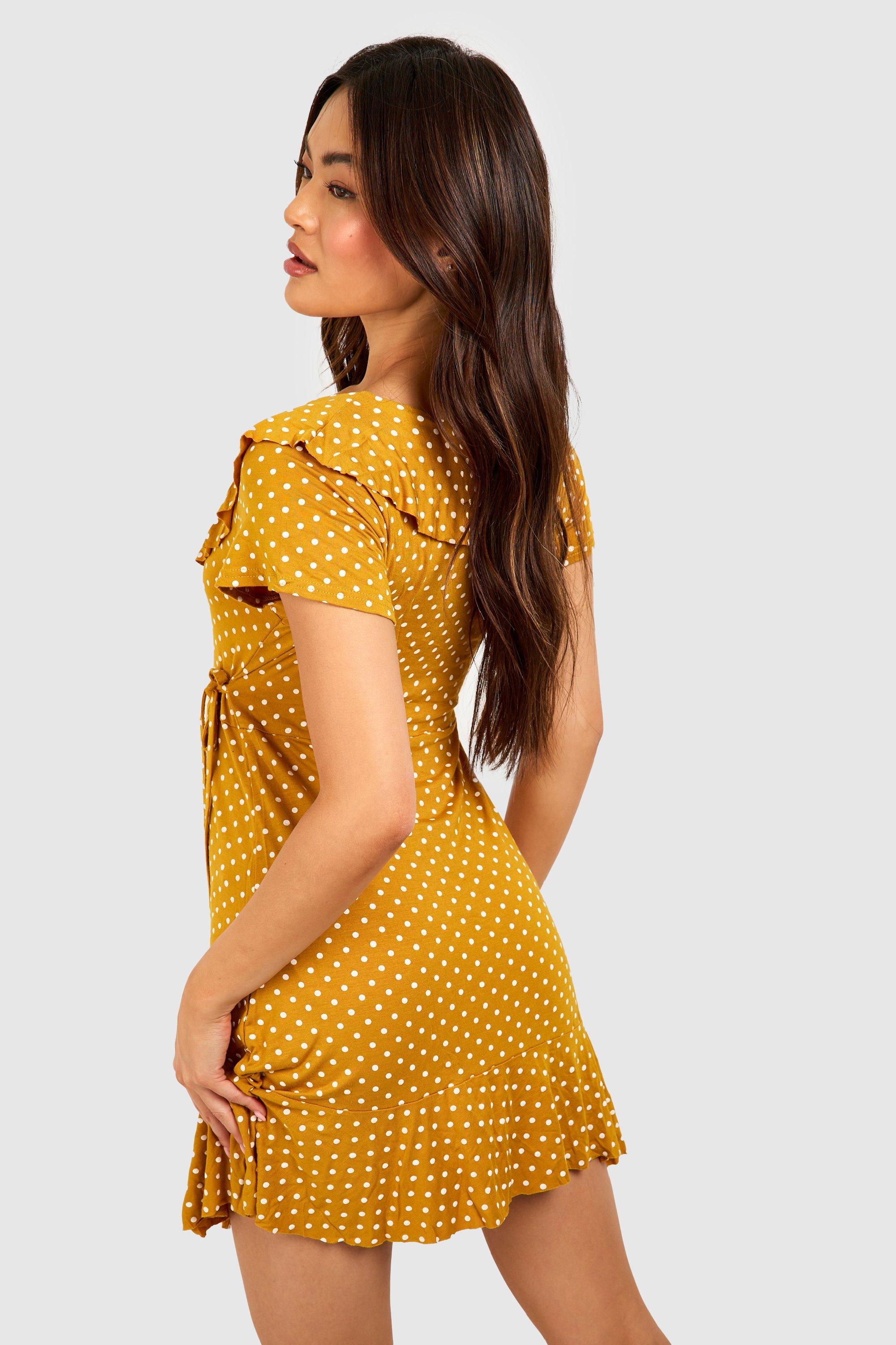 polka dot wrap front ruffle tea dress