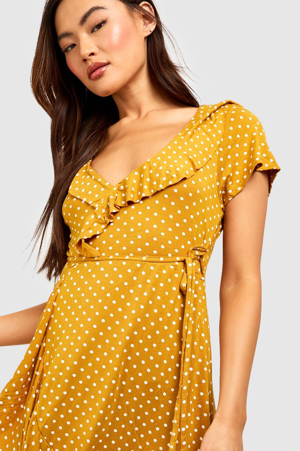 polka dot wrap front ruffle tea dress