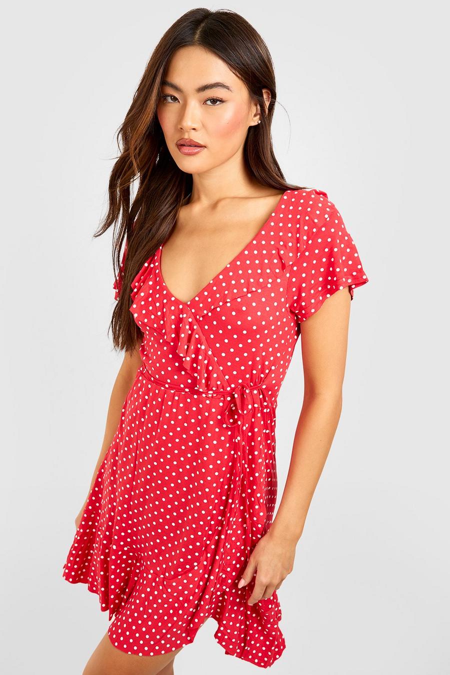 Red Polka Dot Wrap Front Ruffle Tea Dress image number 1
