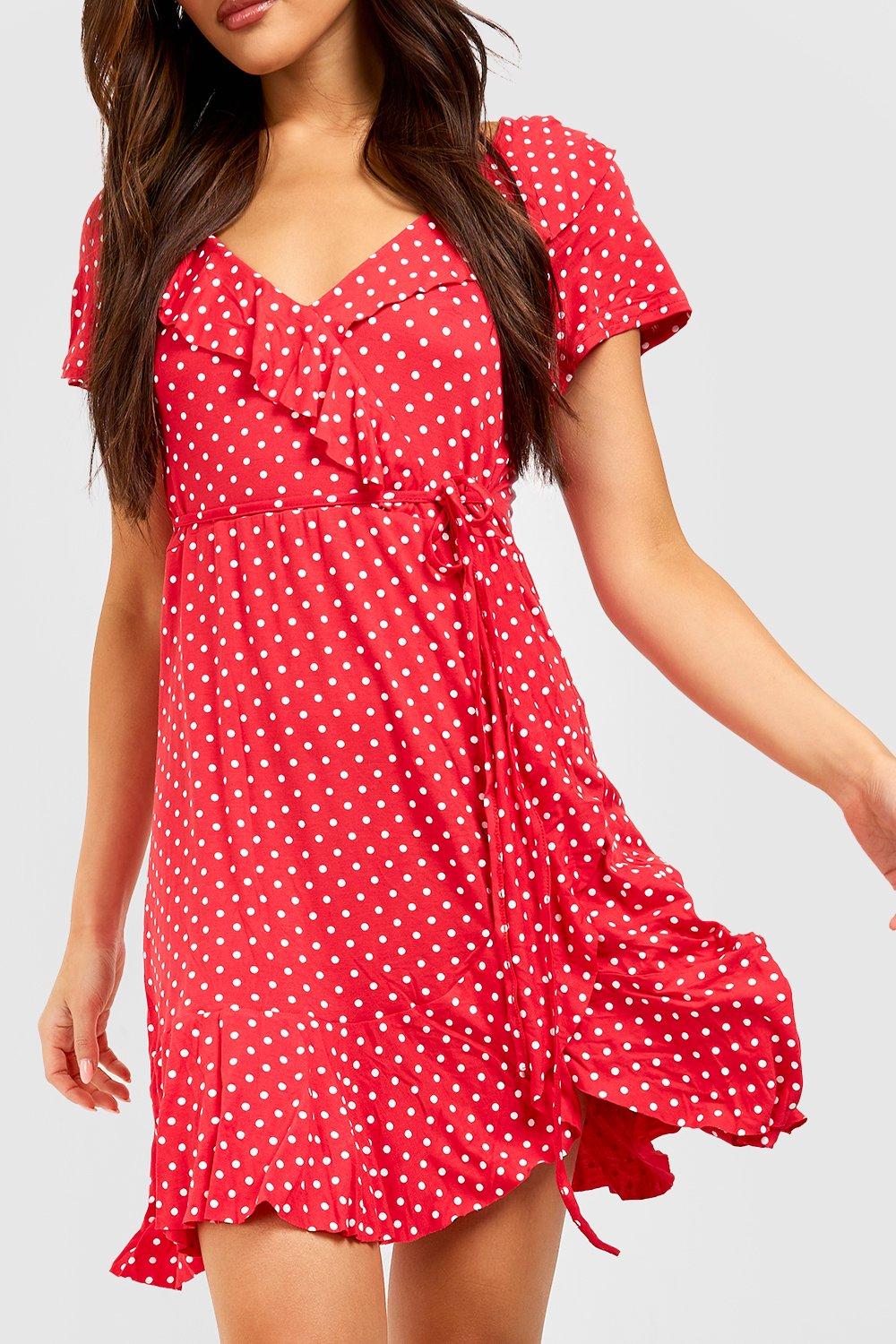 Polka Dot Wrap Front Ruffle Tea Dress