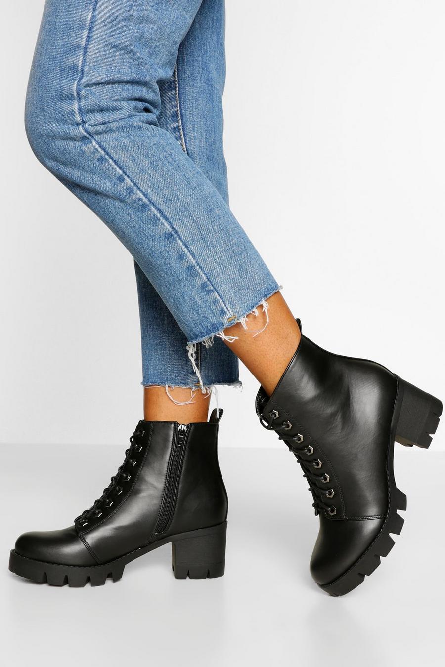 Black Wide Fit Lace Up Block Heel Hiker Boots image number 1