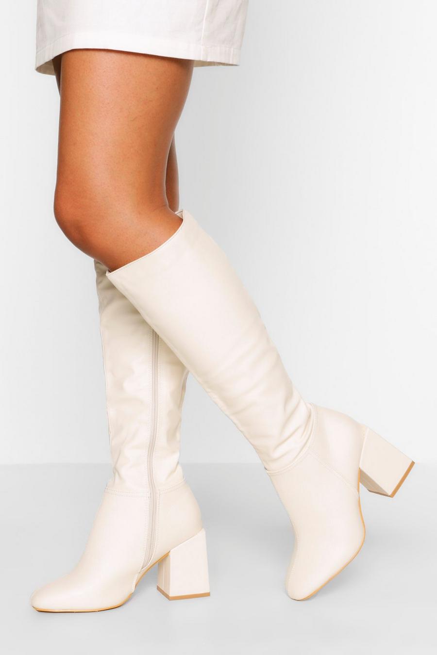 Cream Wide Width Block Heel Knee High Boot image number 1