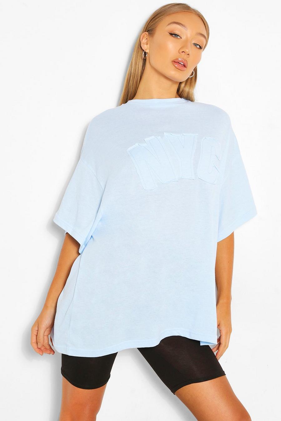 Pastel blue "NYC" Oversize t-shirt med applikation image number 1