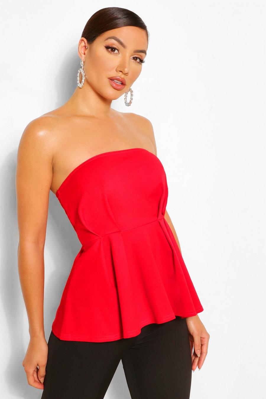 Red Pleat Detail Bandeau Peplum Top image number 1