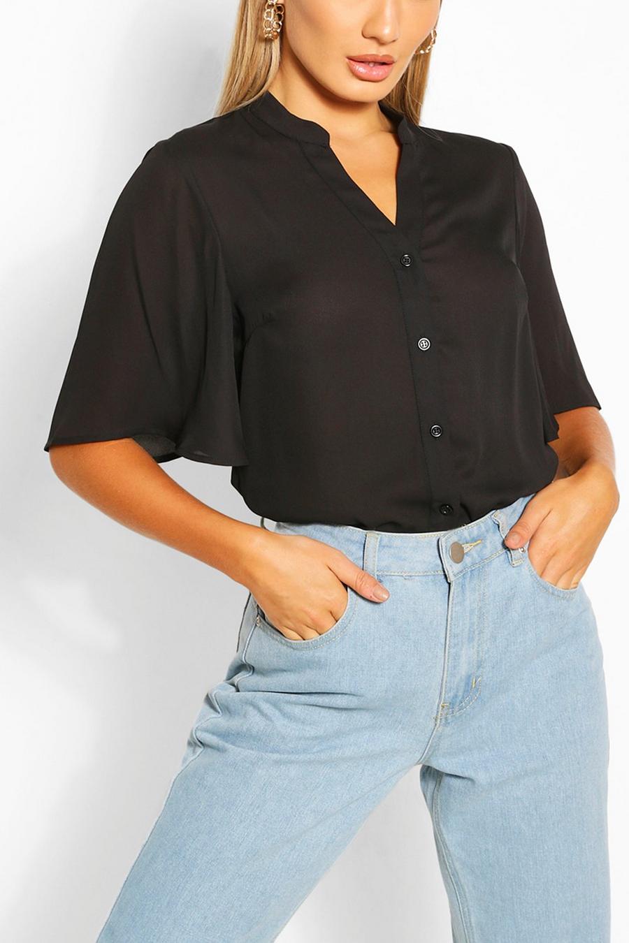 Black Angel Sleeve Button Down Woven Top image number 1