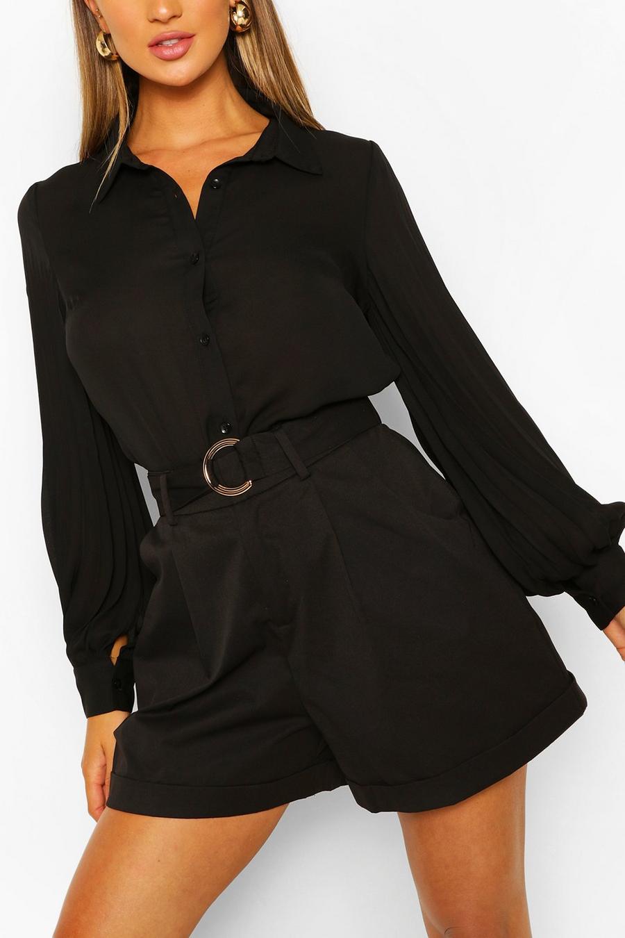 שחור חולצה ארוגה עם קפלים ושרוולי בלון  image number 1