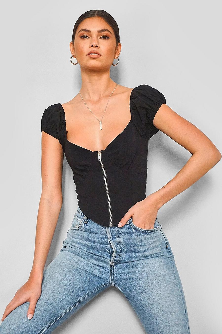 Woven Stretch Zip Front Off The Shoulder Crop Top image number 1