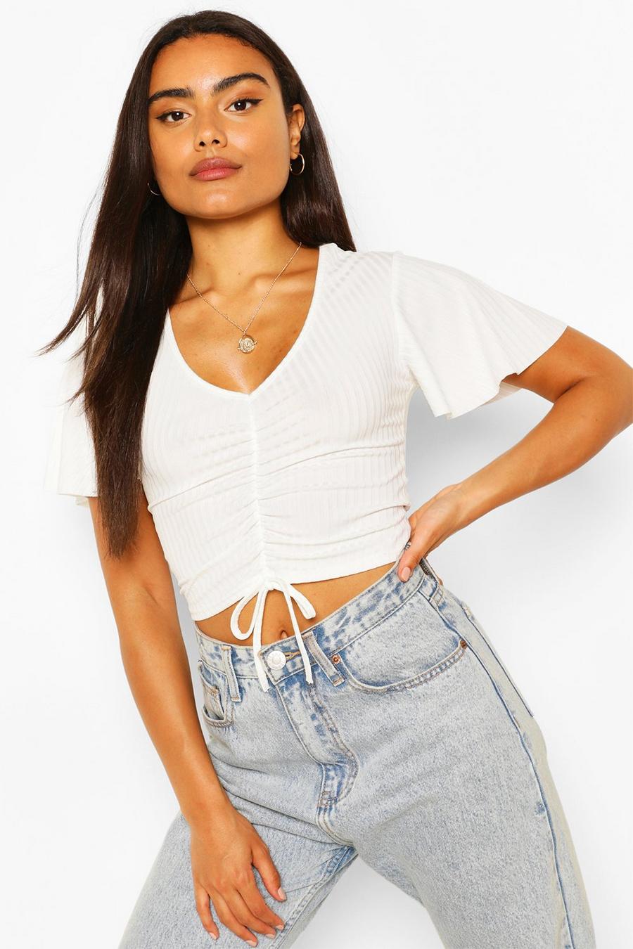 Ivory Ribbed Angel Sleeve Ruched Crop Top image number 1