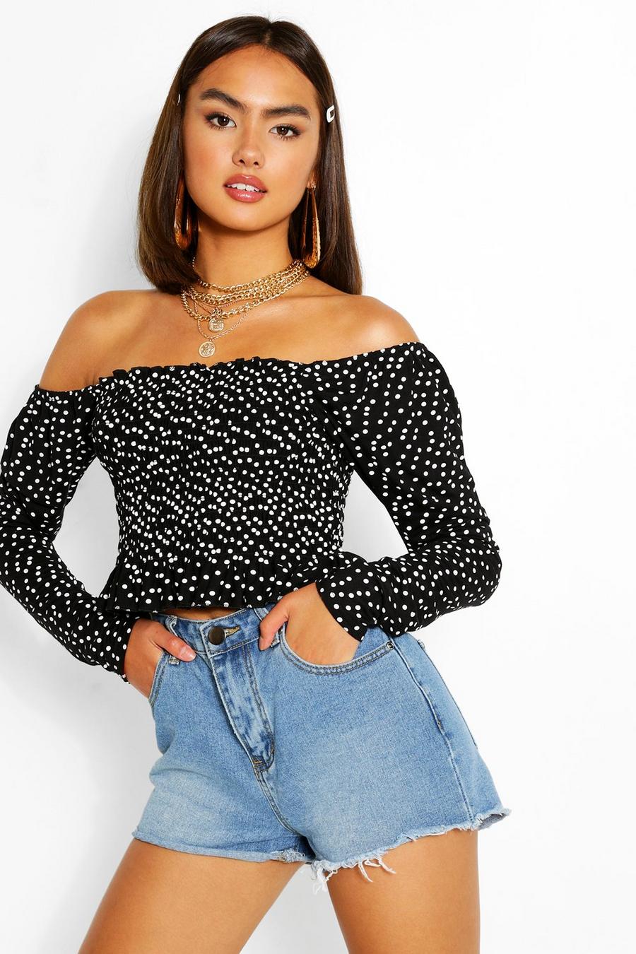 Black Spot Print Puff Sleeve Shirred Top image number 1