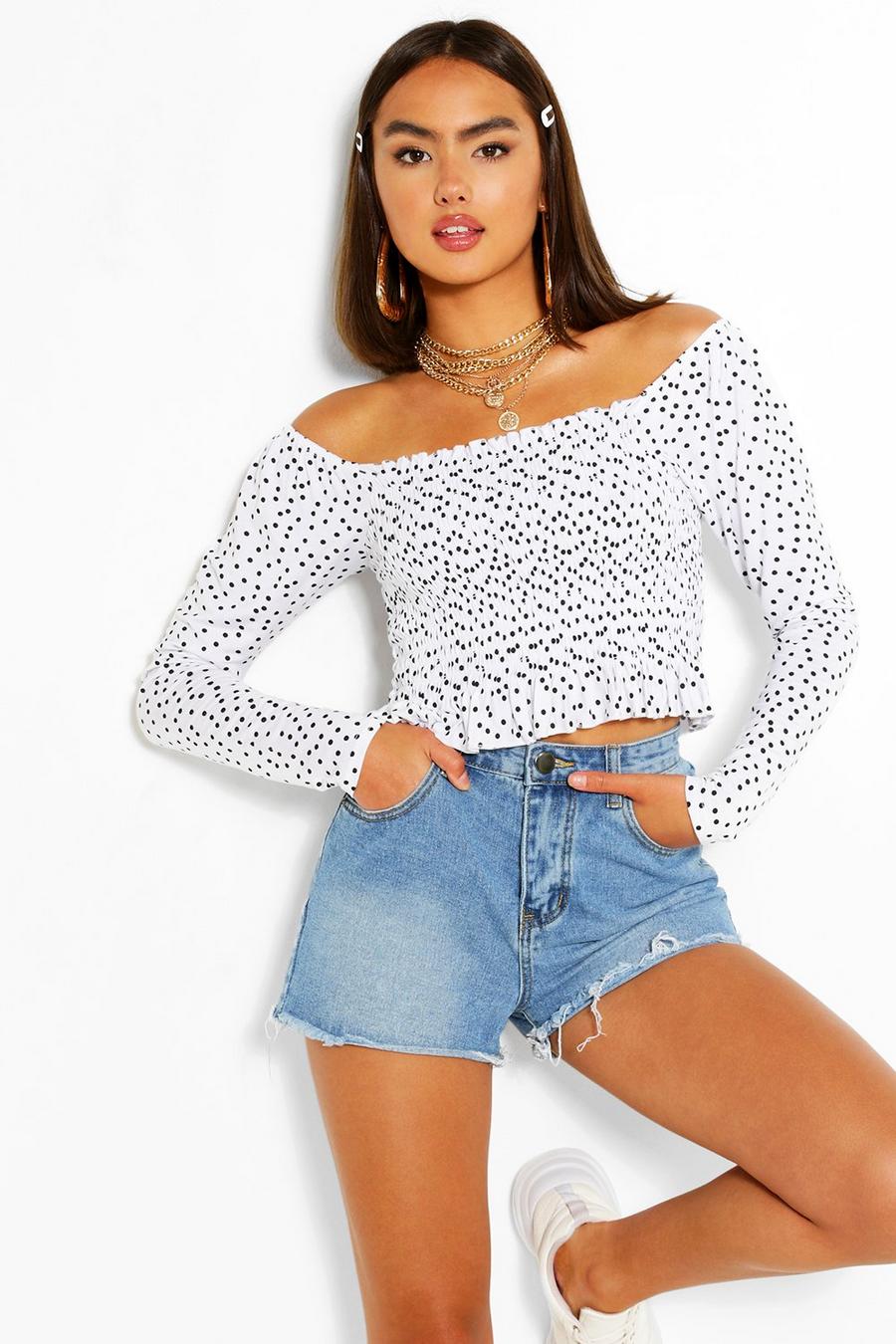 White Spot Print Puff Sleeve Shirred Top image number 1