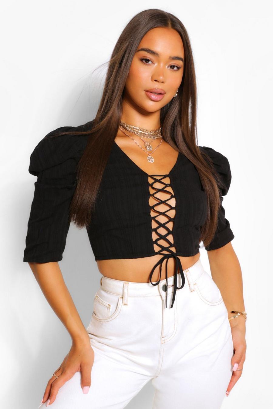 Black Woven Puff Sleeve Lace Up Top image number 1
