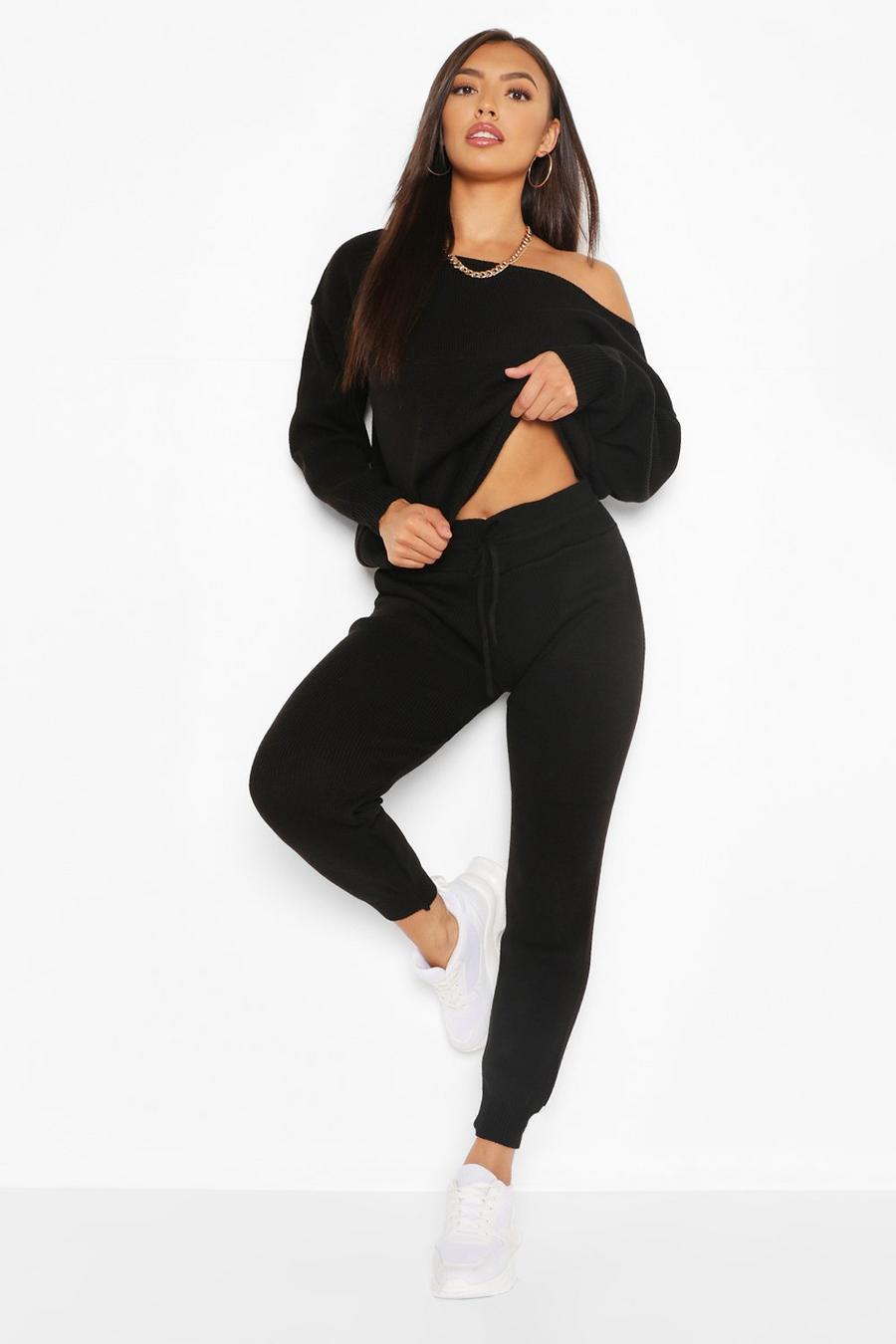 Black Boat Neck Knitted Tracksuit