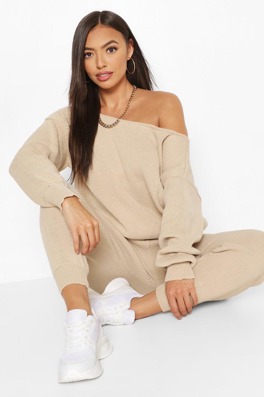 Stone beige Boat Neck Knitted Tracksuit