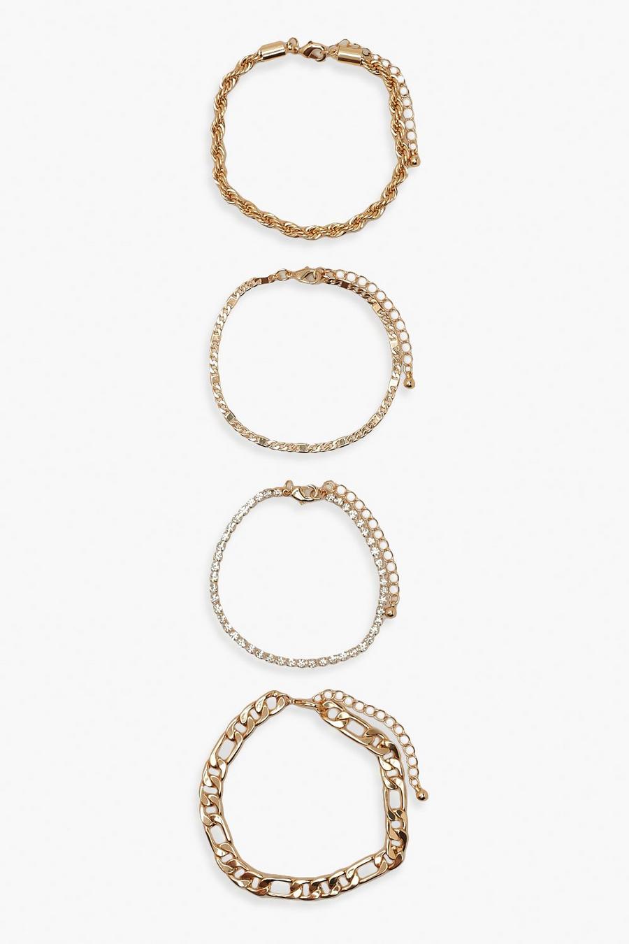 Gold Multi Chain & Diamante Detail 4 Pack Bracelets image number 1