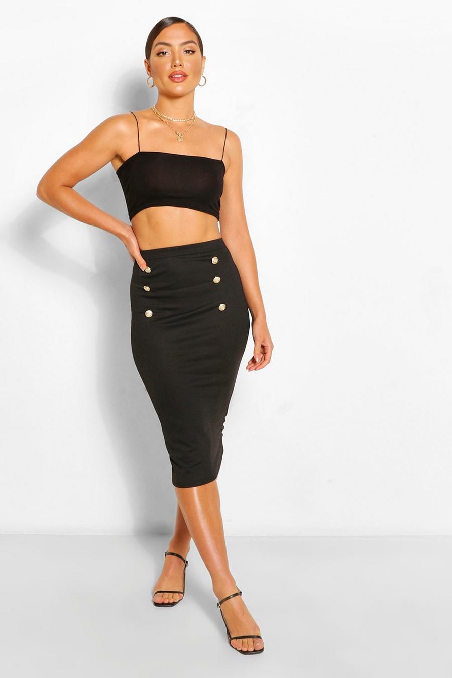 Black Military Button Tailored Midi Skirt image number 1