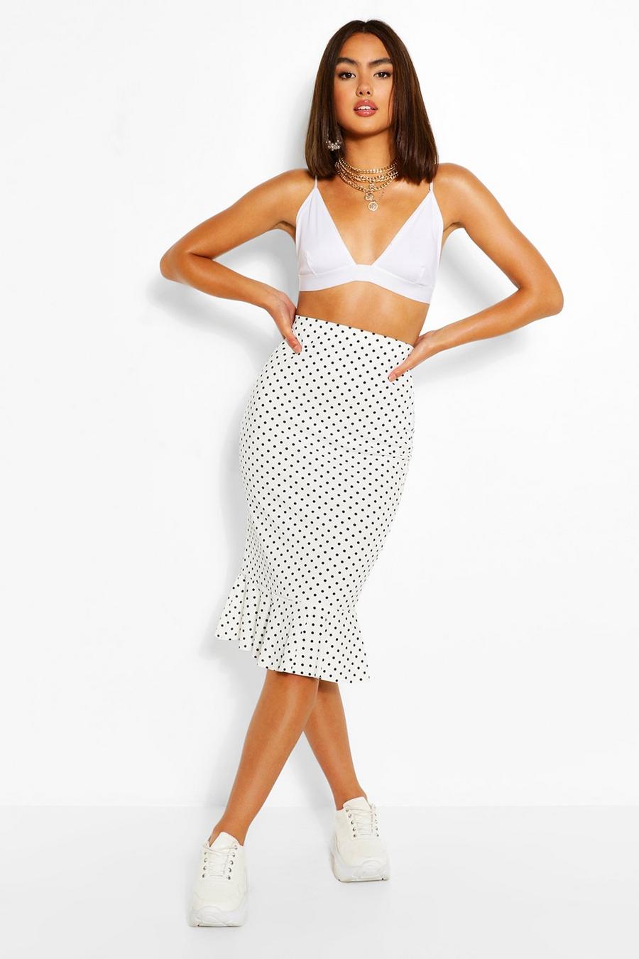 White Polka Dot Ruffle Hem Midi Skirt image number 1