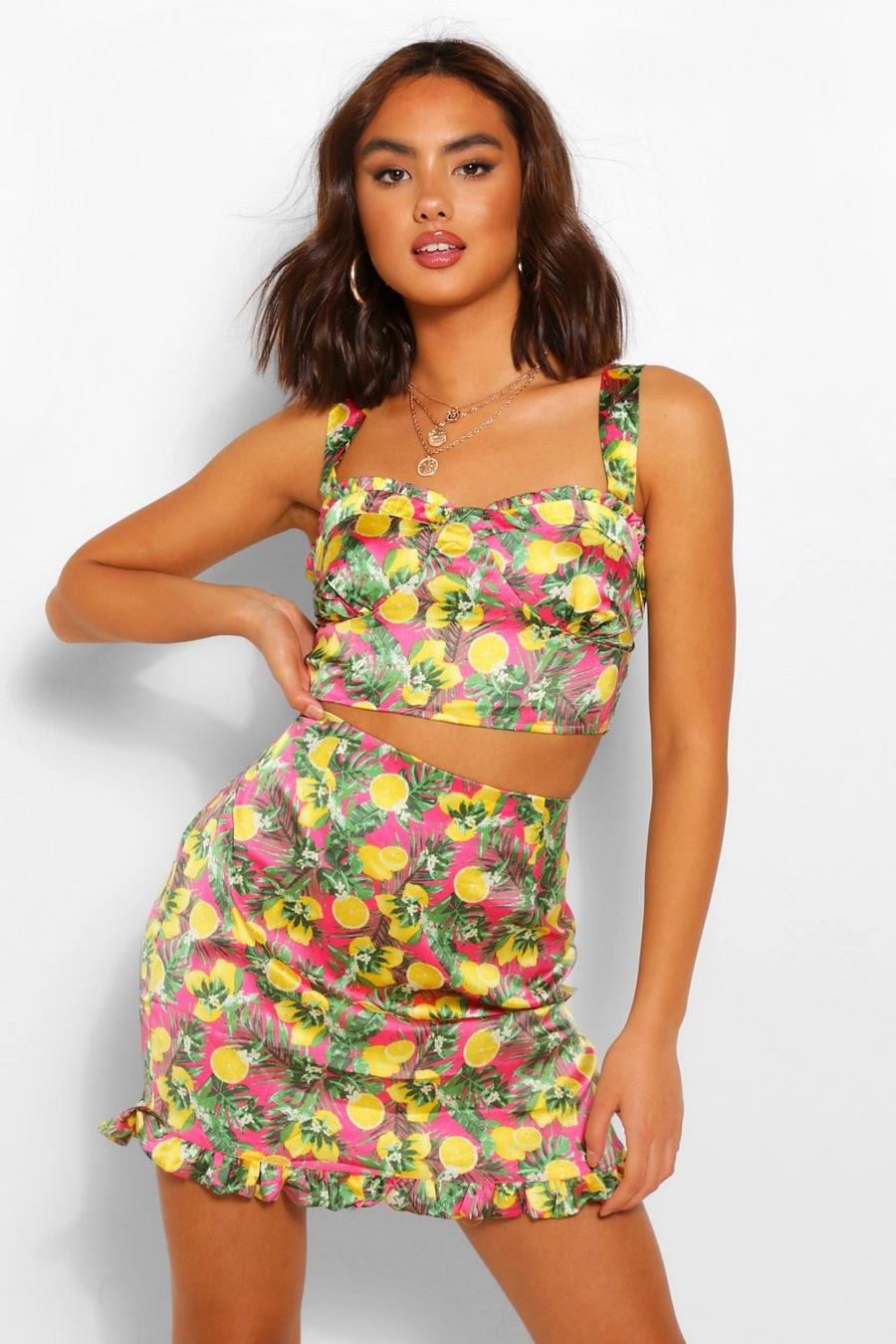Pink Citrus Print Tie Front Crop Top & Shorts Co-ord image number 1
