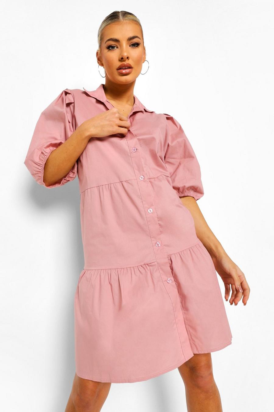 Button Down Puff Sleeve Tiered Smock Dress image number 1