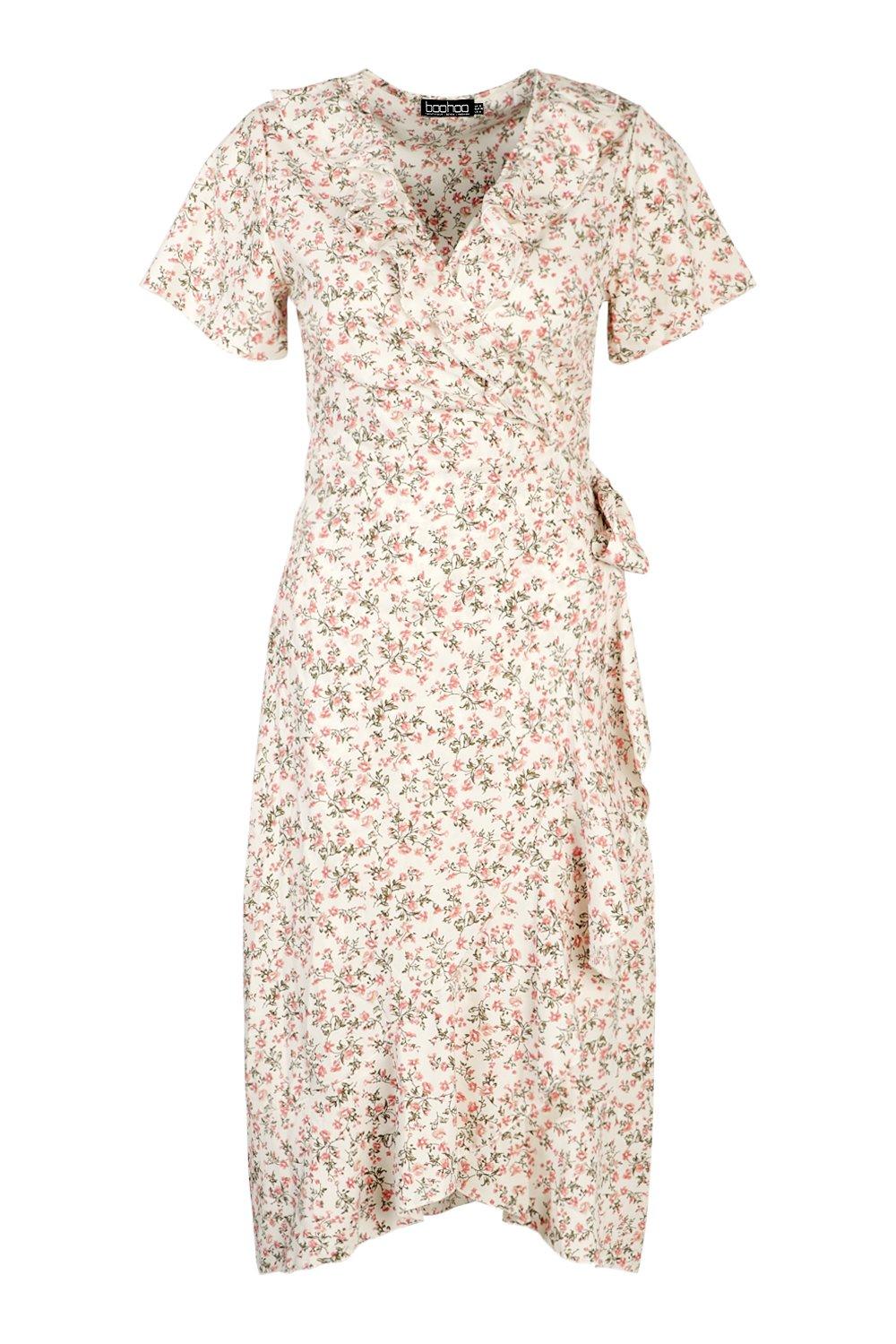 Ditsy Floral Print Ruffle Wrap Midi Tea Dress