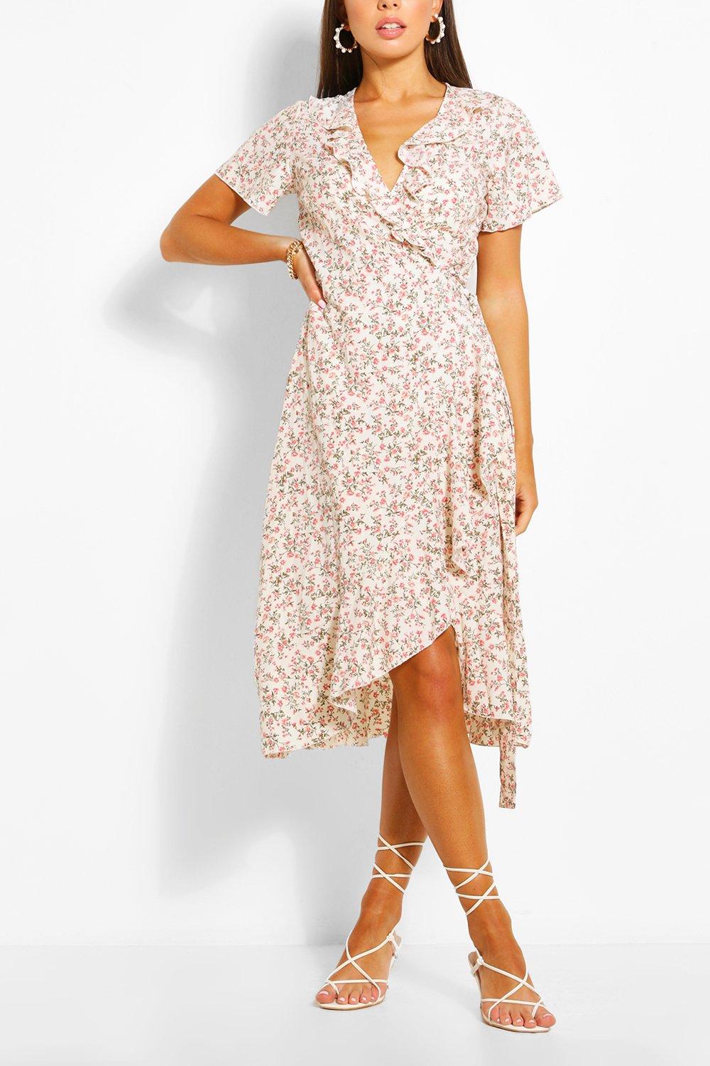 Ditsy Floral Print Ruffle Wrap Midi Tea Dress boohoo