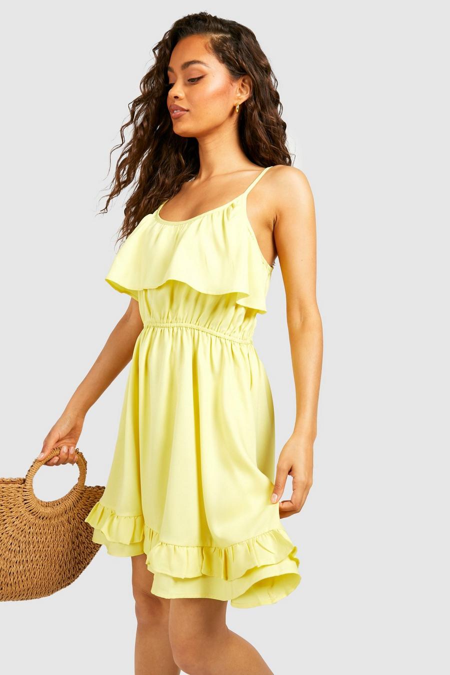Lemon yellow Strappy Frill Detail Swing Dress
