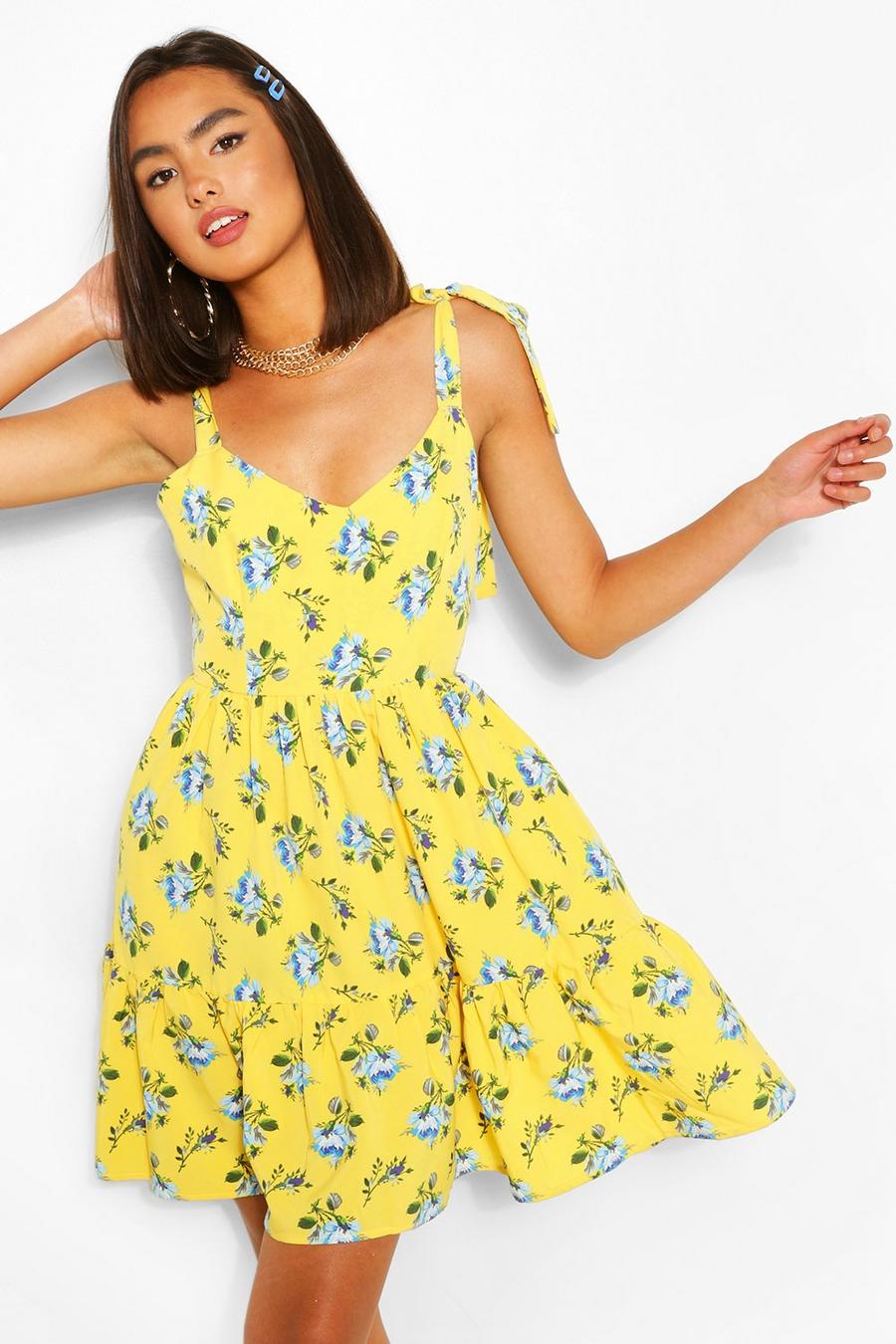 Lemon yellow Floral Print Tie Strap Frill Hem Swing Dress