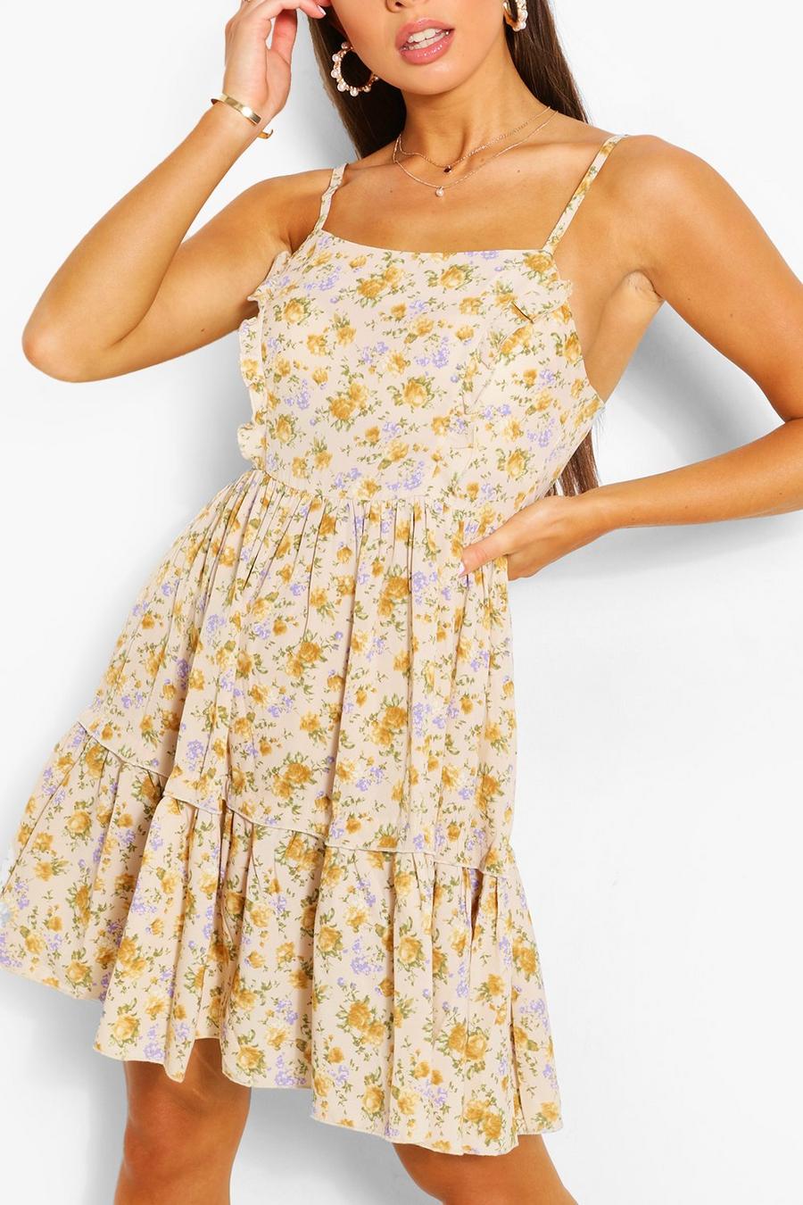 Gestuftes Swing-Kleid mit schmalen Trägern und Blumenmuster, Senfgelb yellow