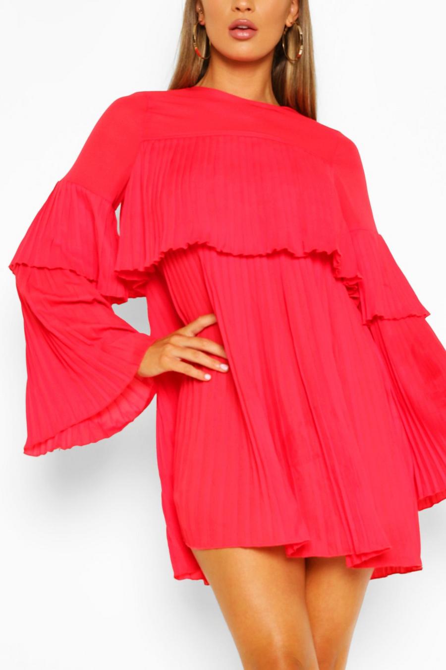 Berry Pleated Long Sleeve Swing Dress image number 1