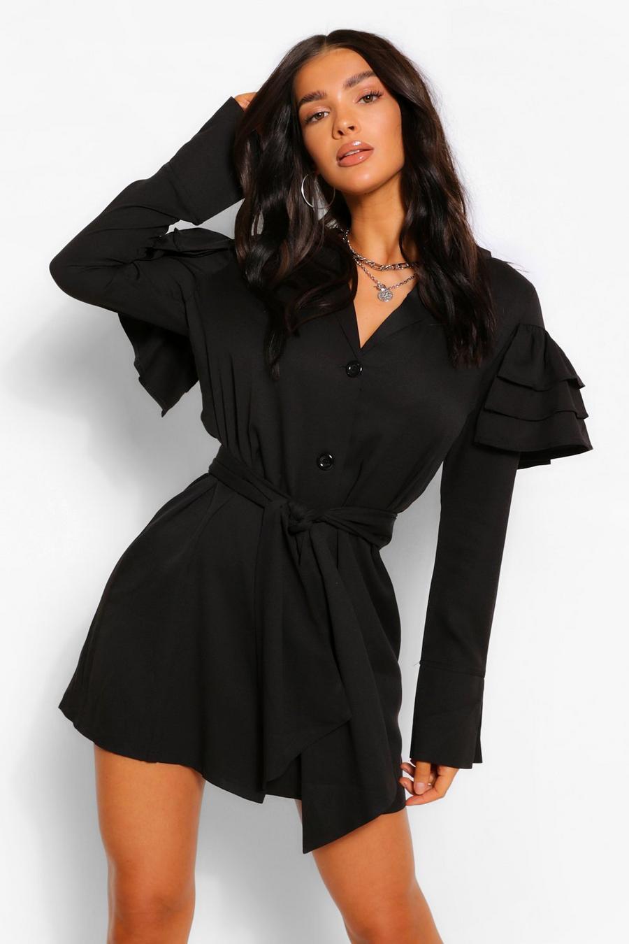 שחור שמלת חולצה עם חגורה ושרוול בד שכבות image number 1