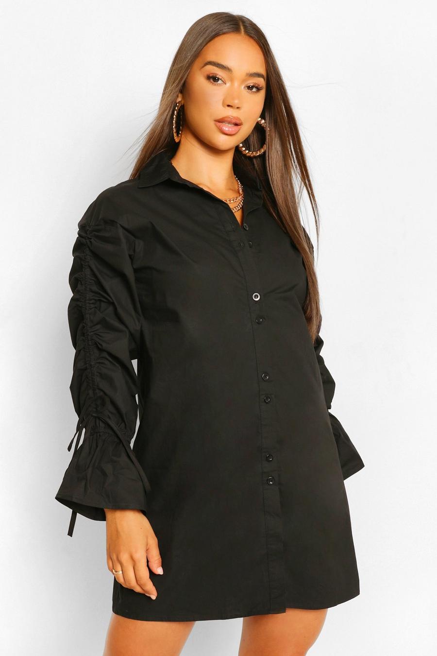 Black Ruched Sleeve Cotton Shirt Dress image number 1