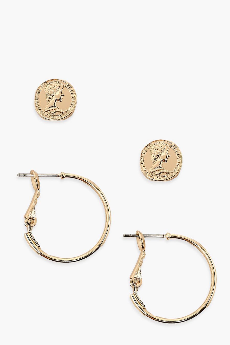 Gold metallic Coin Stud & Simple Hoop Earring 2 Pack image number 1