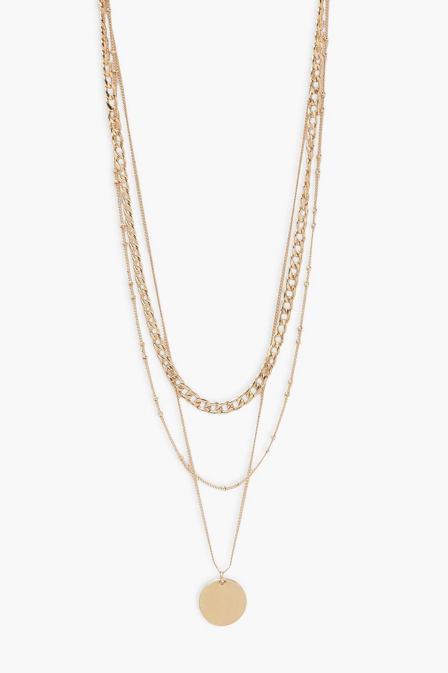 Gold metallic Triple Chain and Disk Layered Necklace image number 1