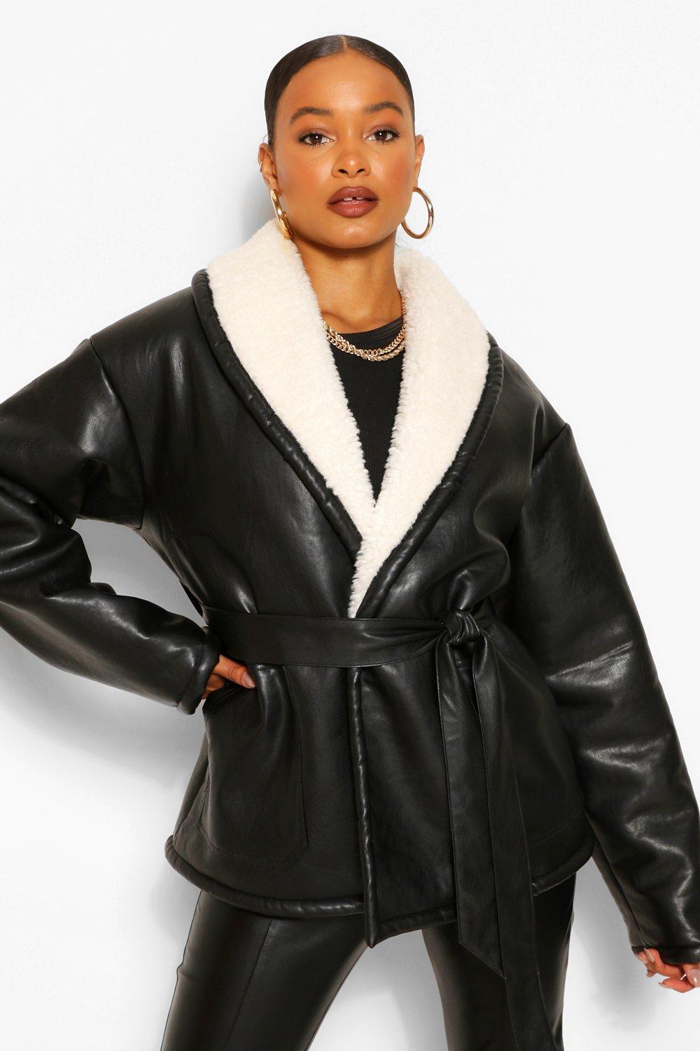 Black leather belted jacket best sale