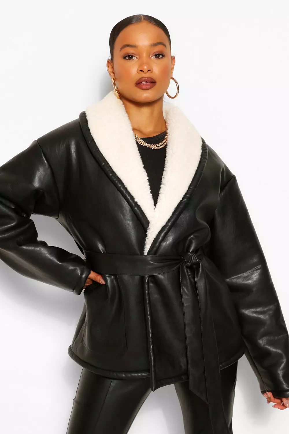 Faux leather 2025 belted jacket