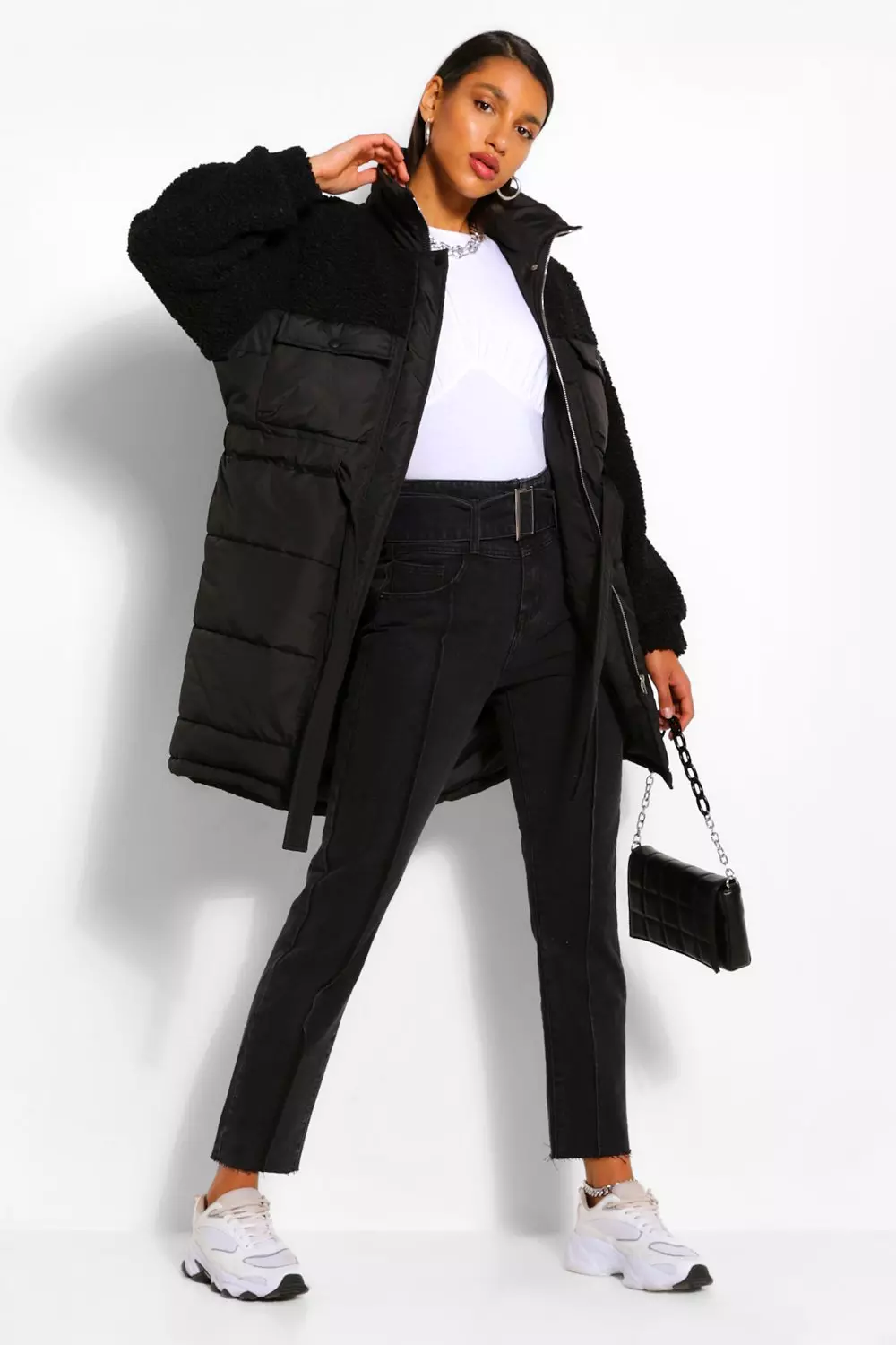 Black longline belted outlet puffer jacket