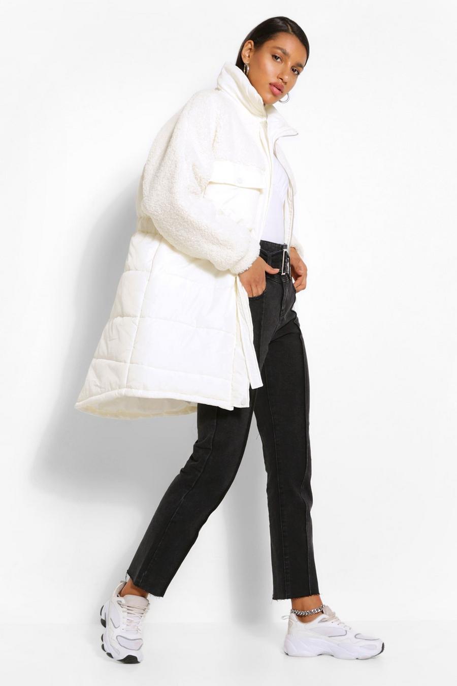 Cream Teddy Faux Fur Mix Longline Belted Puffer Jacket image number 1