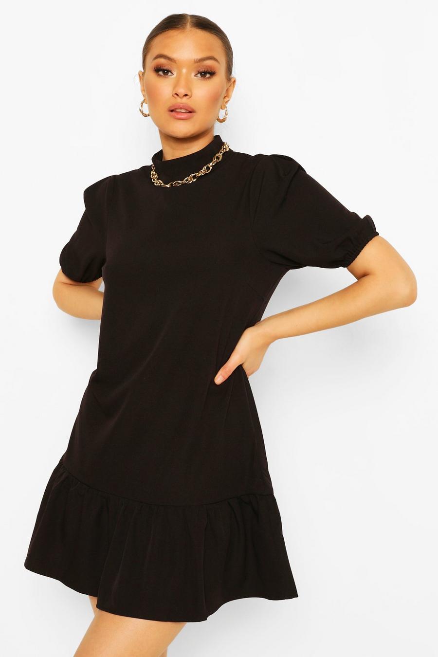 Cotton High Neck Puff Sleeve Shift Dress image number 1