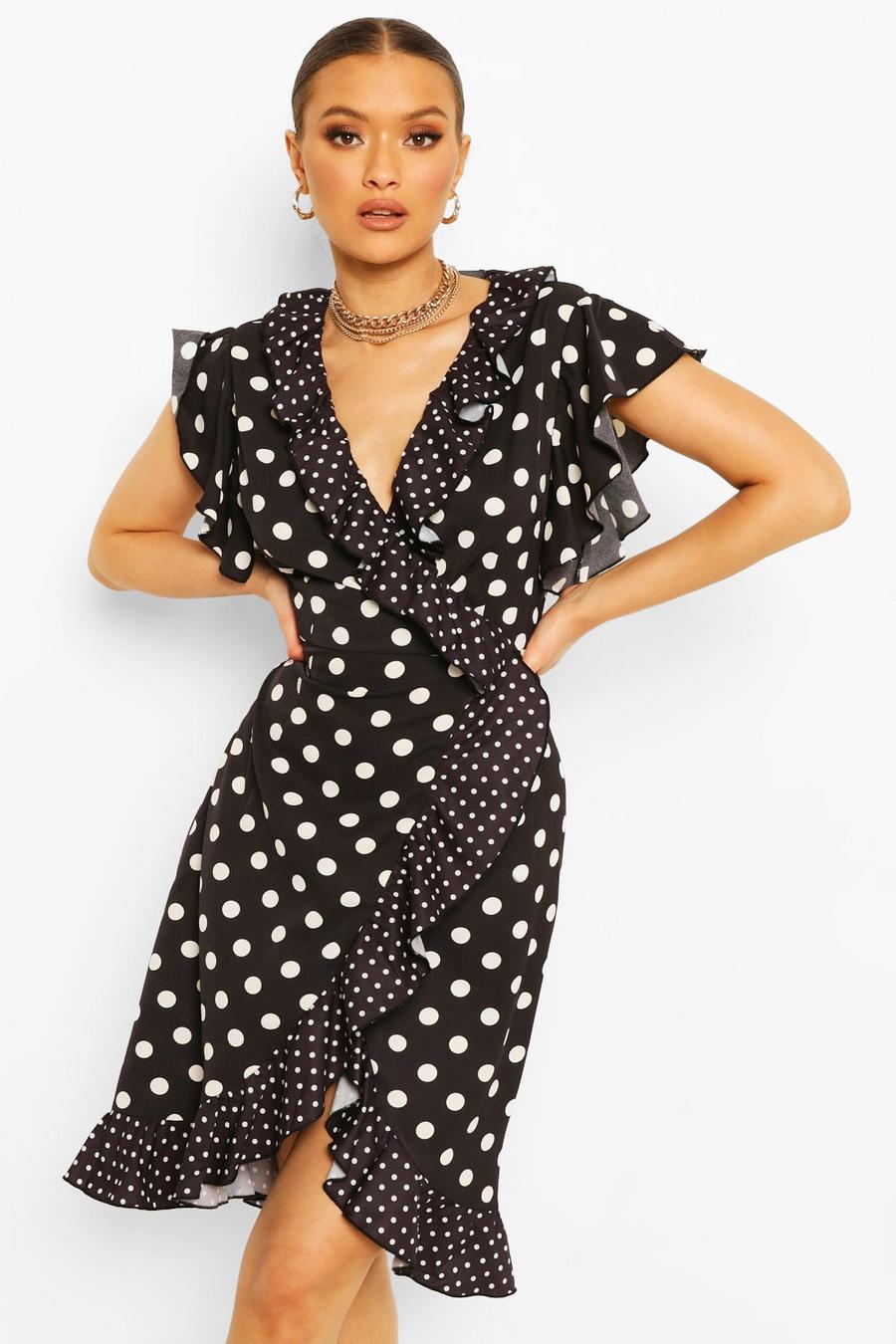 Black Mixed Polka Dot Printed Plunge Wrap Midi Tea Dress image number 1